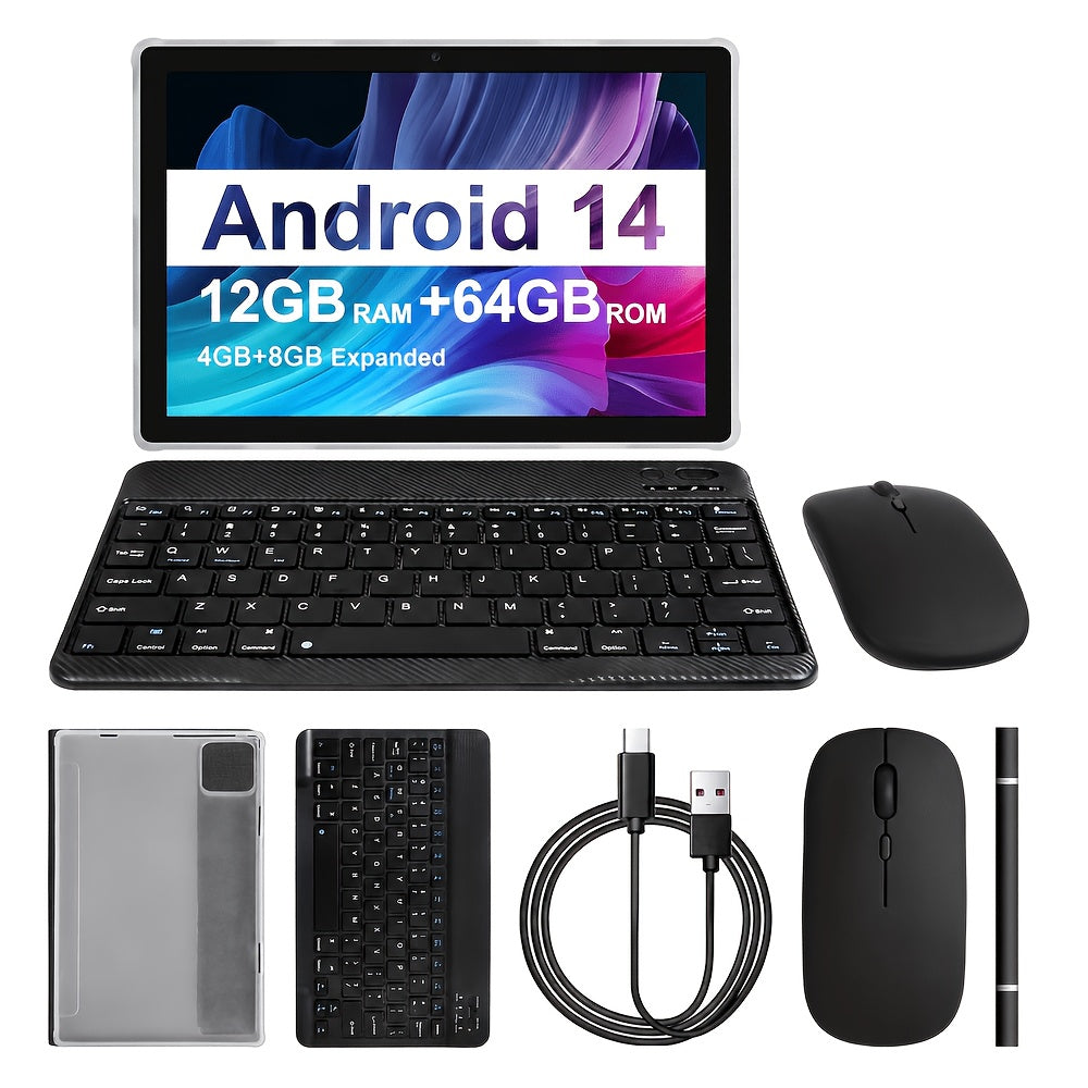 Tablet | Tablet de 10.1 pulgadas con sistema operativo Android 14, Tablet 2 en 1 con teclado, ratón, funda protectora, lápiz óptico, 64GB ROM +
