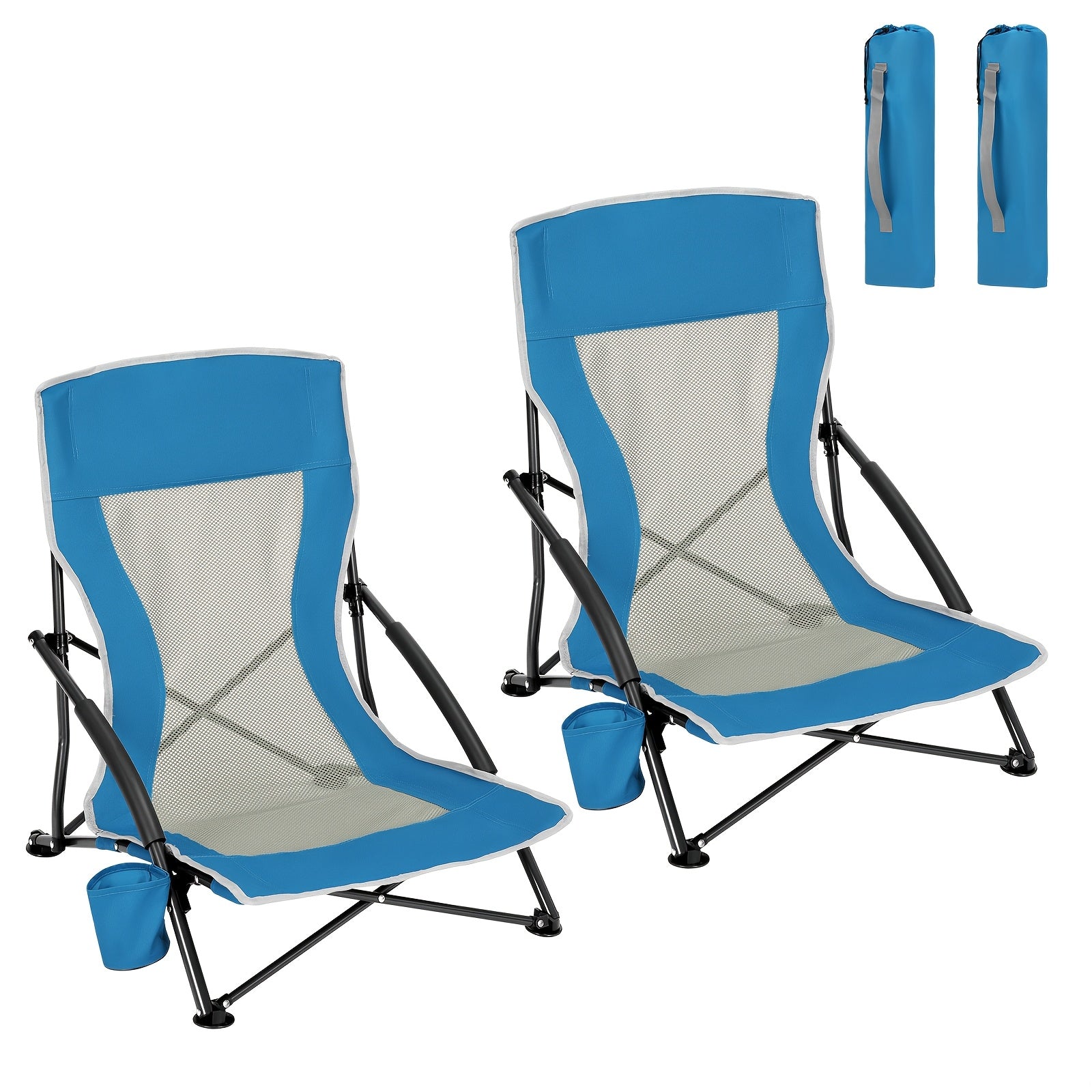 Silla de camping plegable para exteriores, 1 pza./2 pzas., con portavasos y bolso de mano, reposabrazos acolchados engrosados, respaldo de tela de malla transpirable, silla de pesca con portavasos + juego de bolso de mano, portátil, adecuada para camping,