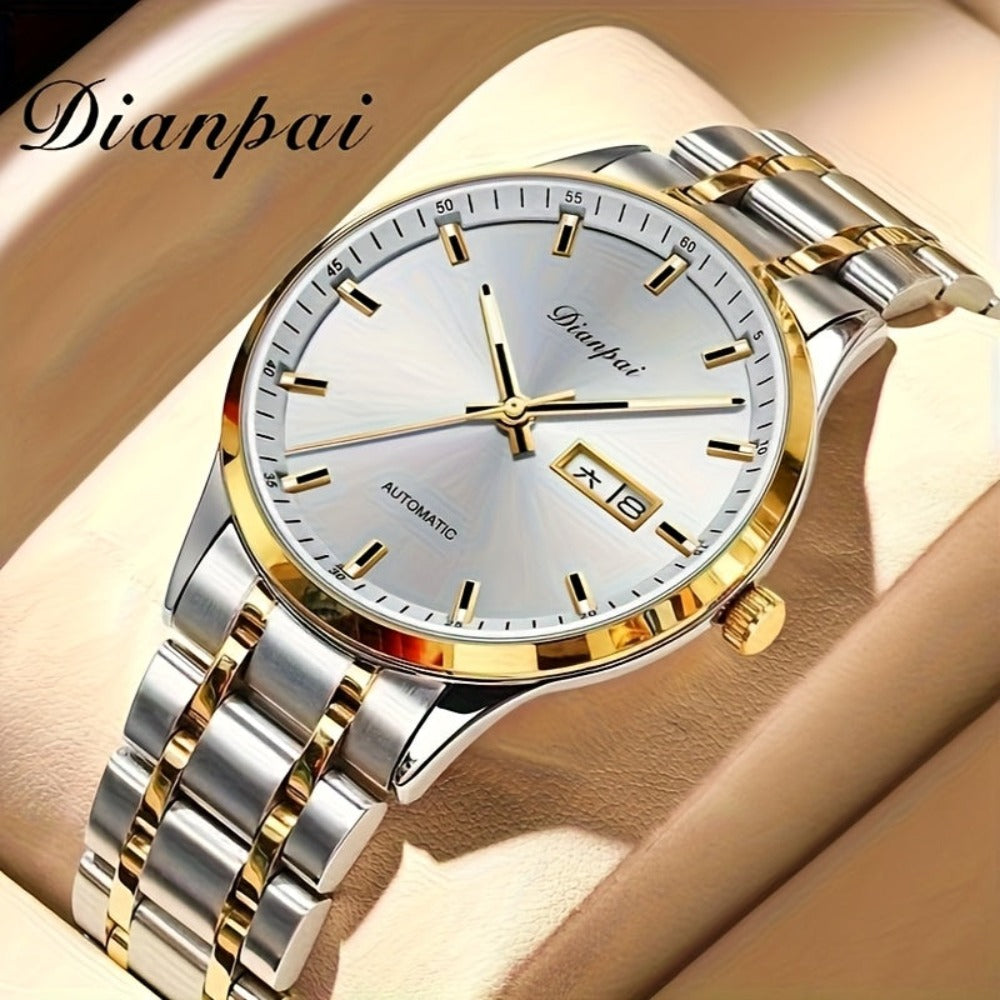Un reloj de hombre tradicional y sofisticado con un calendario luminoso, fabricado con una correa de acero inoxidable, lo que lo convierte en un regalo ideal para hombres. El reloj mecánico automático Dianpai para negocios, sin batería.