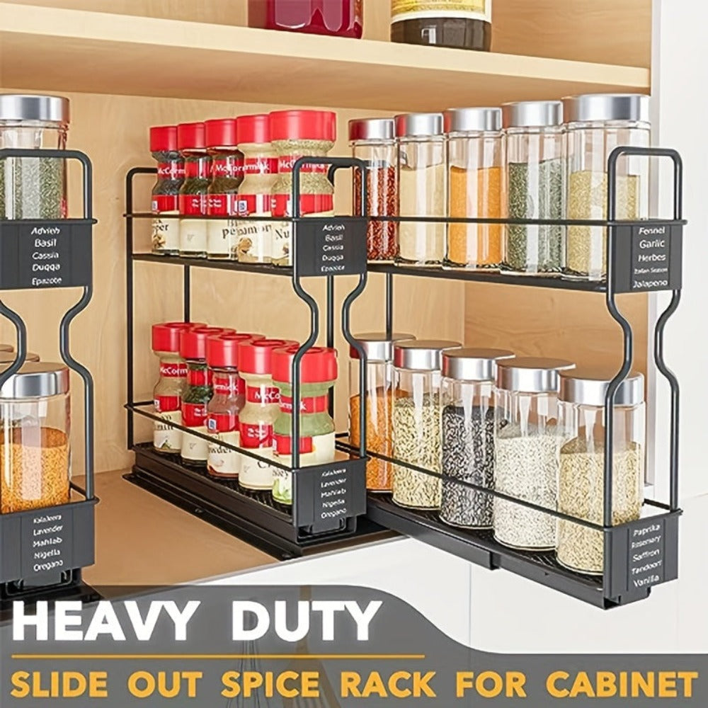 1 pza. Estante extraíble para especias de cocina con doble deslizamiento en color negro - Almacenamiento de especias que ahorra espacio con estante multiusos para encimera y armario - Amplía el almacenamiento con doble capa y elegante acabado en negro