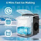 Máquina de cubitos de hielo LEENON, productora de cubitos de hielo de 12 kg, 8 cubitos listos en 6 minutos, máquina de cubitos de hielo negra con asa portátil, 12 kg/24 H, máquinas de cubitos de hielo autolimpiables