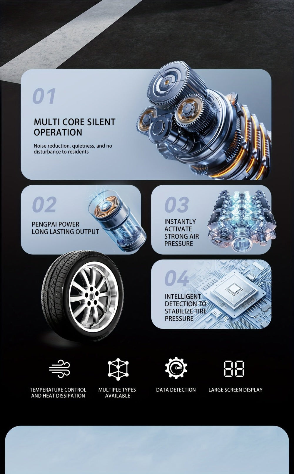 Inflador de neumáticos portátil inalámbrico de 120 vatios con pantalla digital para coche, compresor de aire para motocicleta, inflador de neumáticos inalámbrico portátil para coche con luz LED y adaptador de boquilla