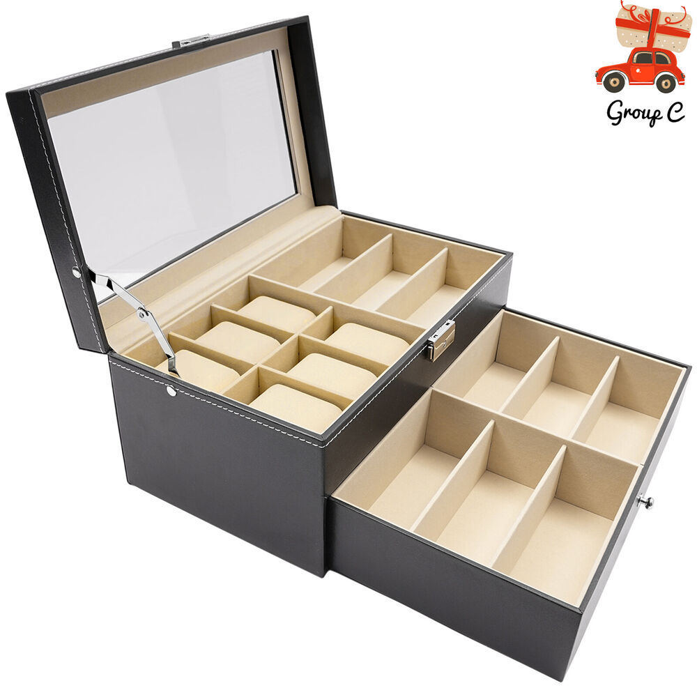 Caja de reloj de cuero sintético negro, estuche para joyas, almacenamiento de gafas y caja organizadora con cajón de exhibición de gafas de sol con cerradura (caja de gafas de 9 rejillas y caja de reloj de 6 rejillas)