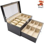 Caja de reloj de cuero sintético negro, estuche para joyas, almacenamiento de gafas y caja organizadora con cajón de exhibición de gafas de sol con cerradura (caja de gafas de 9 rejillas y caja de reloj de 6 rejillas)