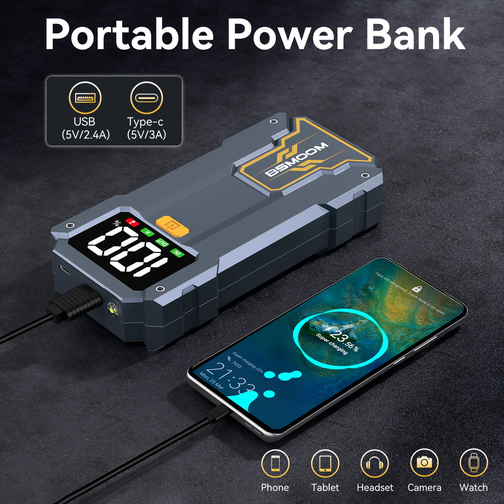Arrancador de Coche 7000A con Linterna LED, Pantalla LCD Grande, Pack de Refuerzo de Batería de Emergencia para Coche de 12V, Jump Box, Cargador Portátil Power Bank
