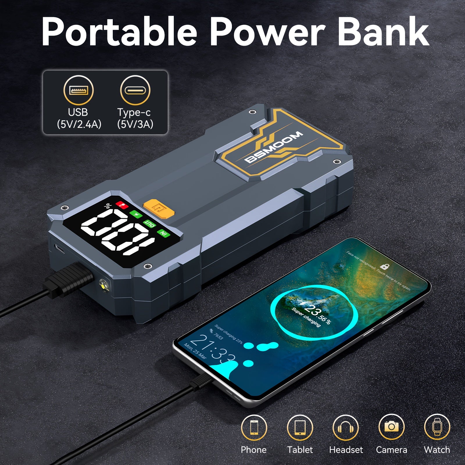 Arrancador de Coche 7000A con Linterna LED, Pantalla LCD Grande, Pack de Refuerzo de Batería de Emergencia para Coche de 12V, Jump Box, Cargador Portátil Power Bank