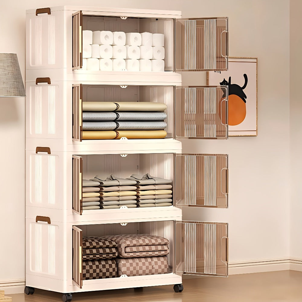 Armario de almacenamiento plegable extragrande de 74 cm con ruedas, puertas magnéticas y paneles transparentes, unidad organizadora de plástico apilable para dormitorio, sala de estar, oficina, despensa y documentos