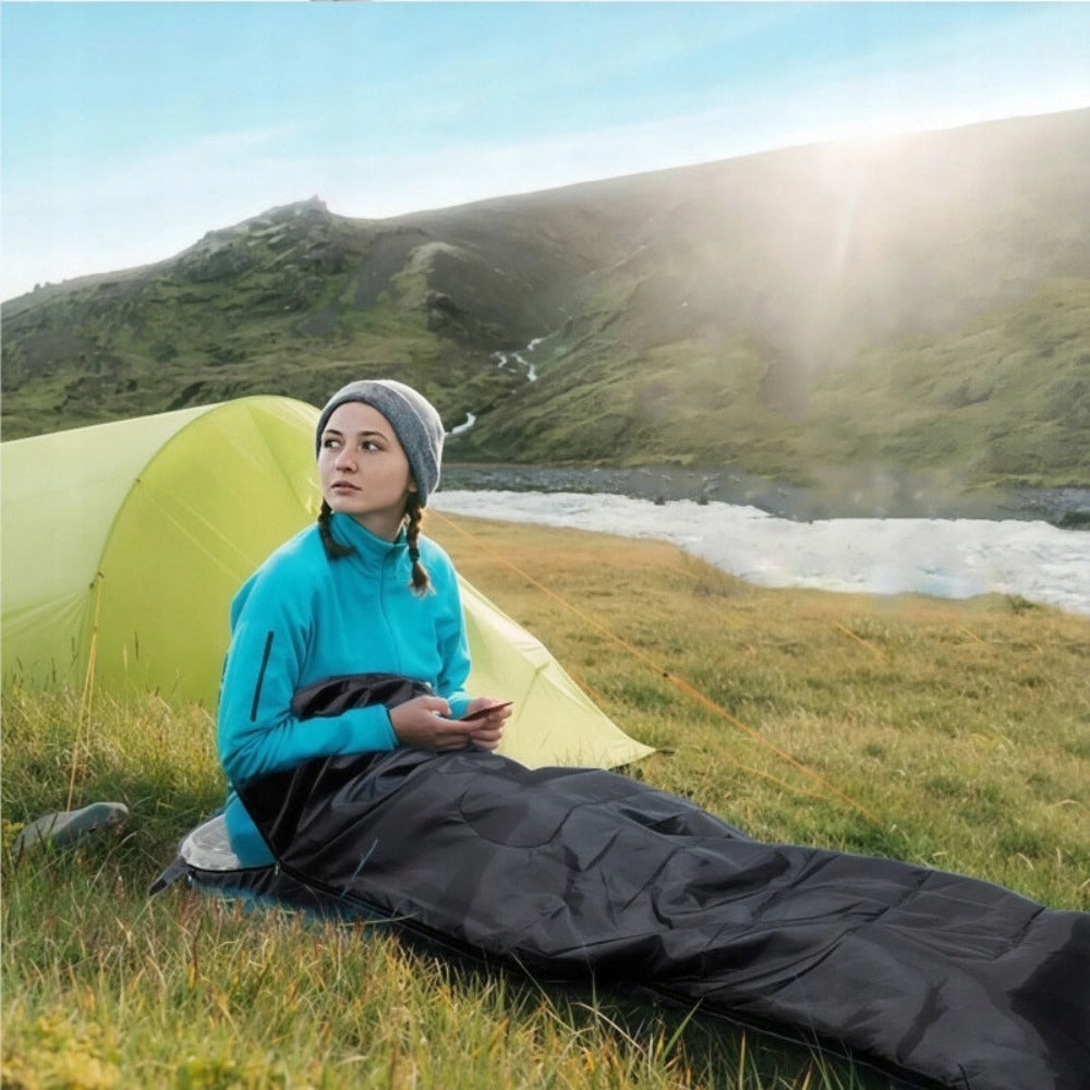 Funda para Saco de Dormir de Camping, Manta de Viaje con Capucha y Cremallera 210X75 Cm, Ligera 500G. Saco de Dormir Hipoalergénico para Excursiones de Camping y Senderismo. Gran Tamaño con Libertad de Movimiento. Bolsa Compacta de Fácil Transporte. Aisla