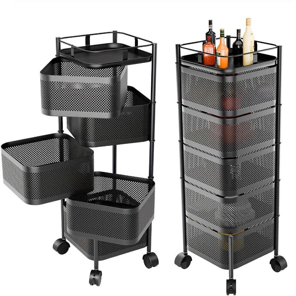 Carro Giratorio de Cocina de 5 Niveles con Ruedas, Unidad de Estantería Móvil de Marco Metálico Grande, Ideal para Despensa, Portafrutas, Verduras, Ahorrador de Espacio para Uso Doméstico o Comercial, Estante de Pie