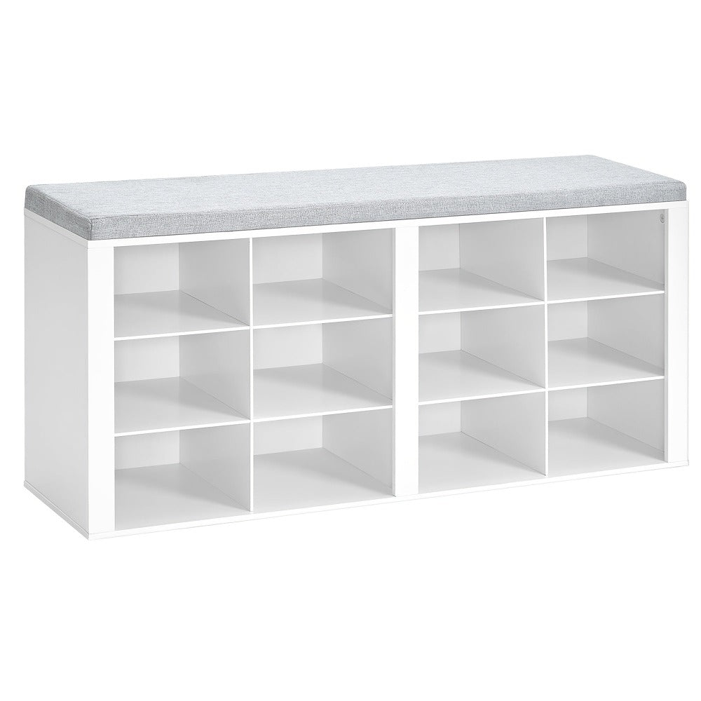 Banco para Zapatos, Estante con Asiento, Banco con Almacenamiento, Cojín, 12 Compartimentos, para Sala, Pasillo, Dormitorio, Blanco-Gris
