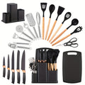 Colección de 20 piezas de cuchillos profesionales con soporte. Cuchillo de chef, cuchillo de carnicero, cuchillo para pan, cuchillo para rebanar, cuchillo deshuesador y utensilios de cocina completos. Construcción de espiga completa con mangos antidesliza
