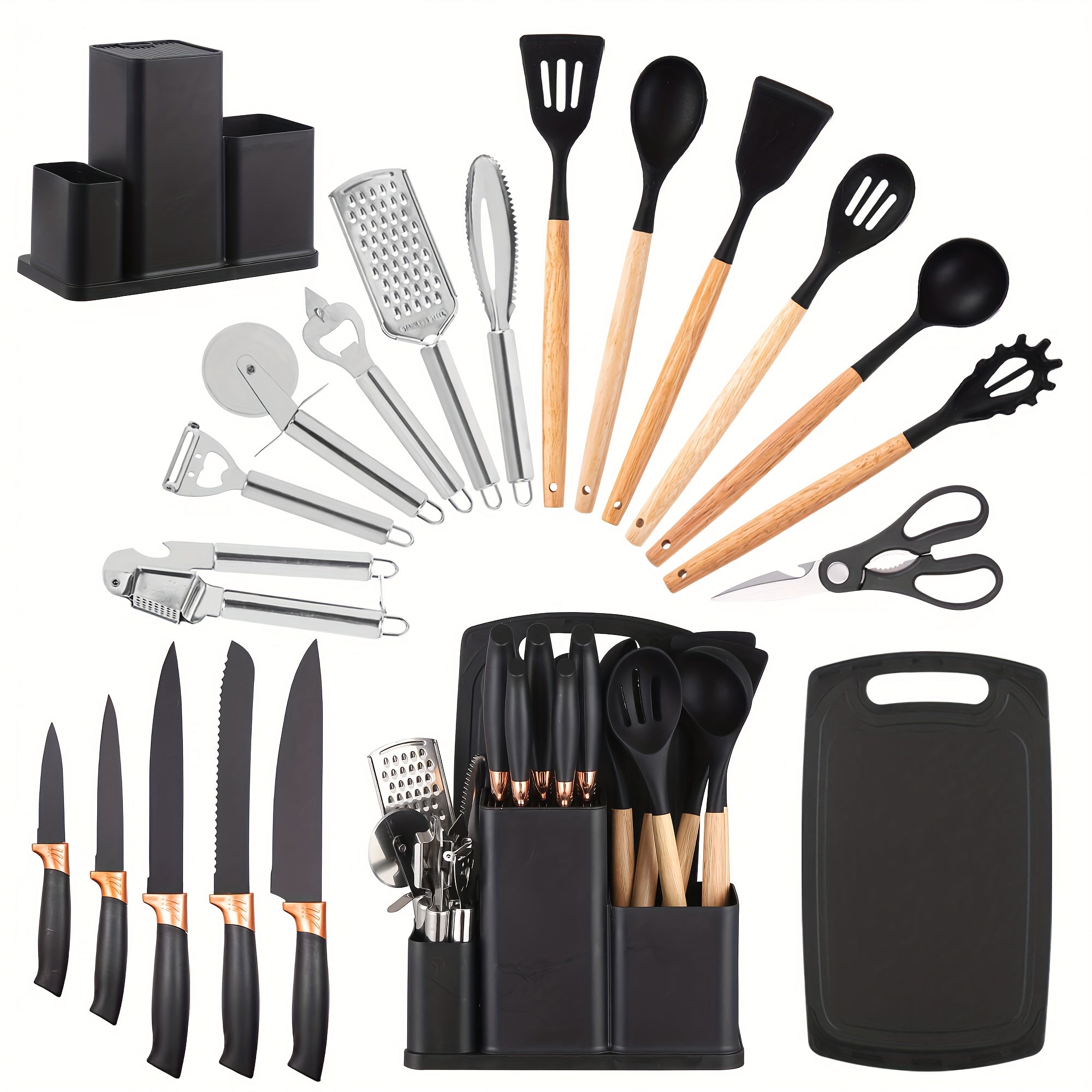 Colección de 20 piezas de cuchillos profesionales con soporte. Cuchillo de chef, cuchillo de carnicero, cuchillo para pan, cuchillo para rebanar, cuchillo deshuesador y utensilios de cocina completos. Construcción de espiga completa con mangos antidesliza