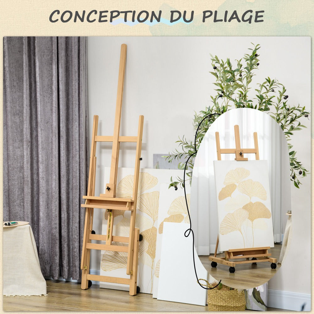 Caballete plegable para artista Vinsetto sobre ruedas, hecho de madera de haya, para lienzos de hasta 118 cm, altura ajustable, inclinación ajustable hasta 90° máximo, con soporte para pinceles de madera natural