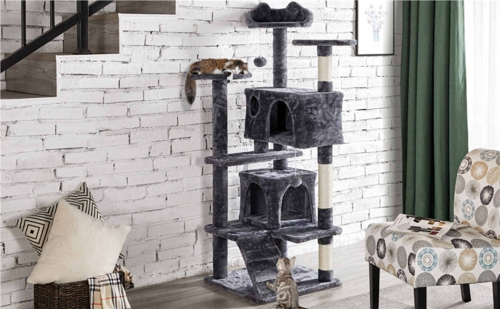 Costoffs Poste para Rascar de Gatos de 138 cm, Árbol Resistente con Pelota de Juego y Cueva para Gatos, Torre de Rascado y Escalada para Gatos, Casa para Gatos
