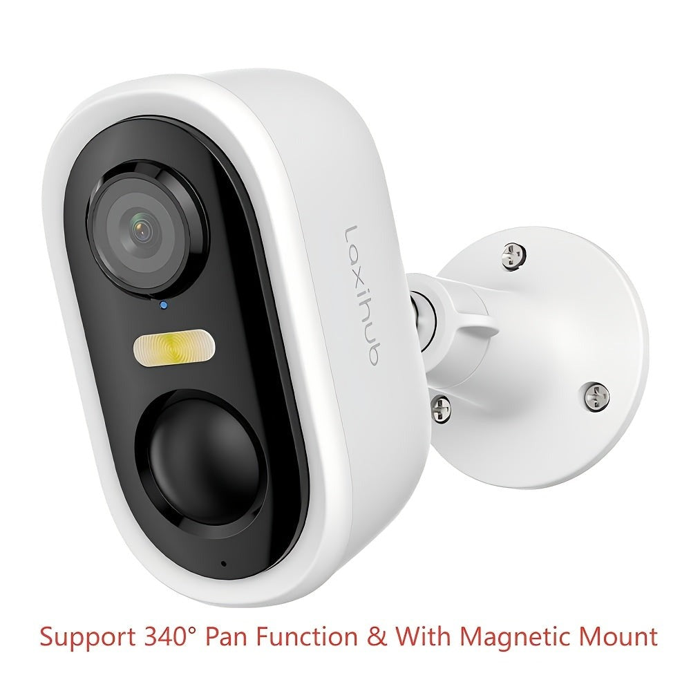 Cámara de seguridad LaxiHub Wifi para exterior con batería, resolución de video 3MP 1296P FHD, cámara CCTV con batería de 5200mAh para seguridad del hogar, detección de movimiento con IA, foco, visión nocturna a color, audio bidireccional