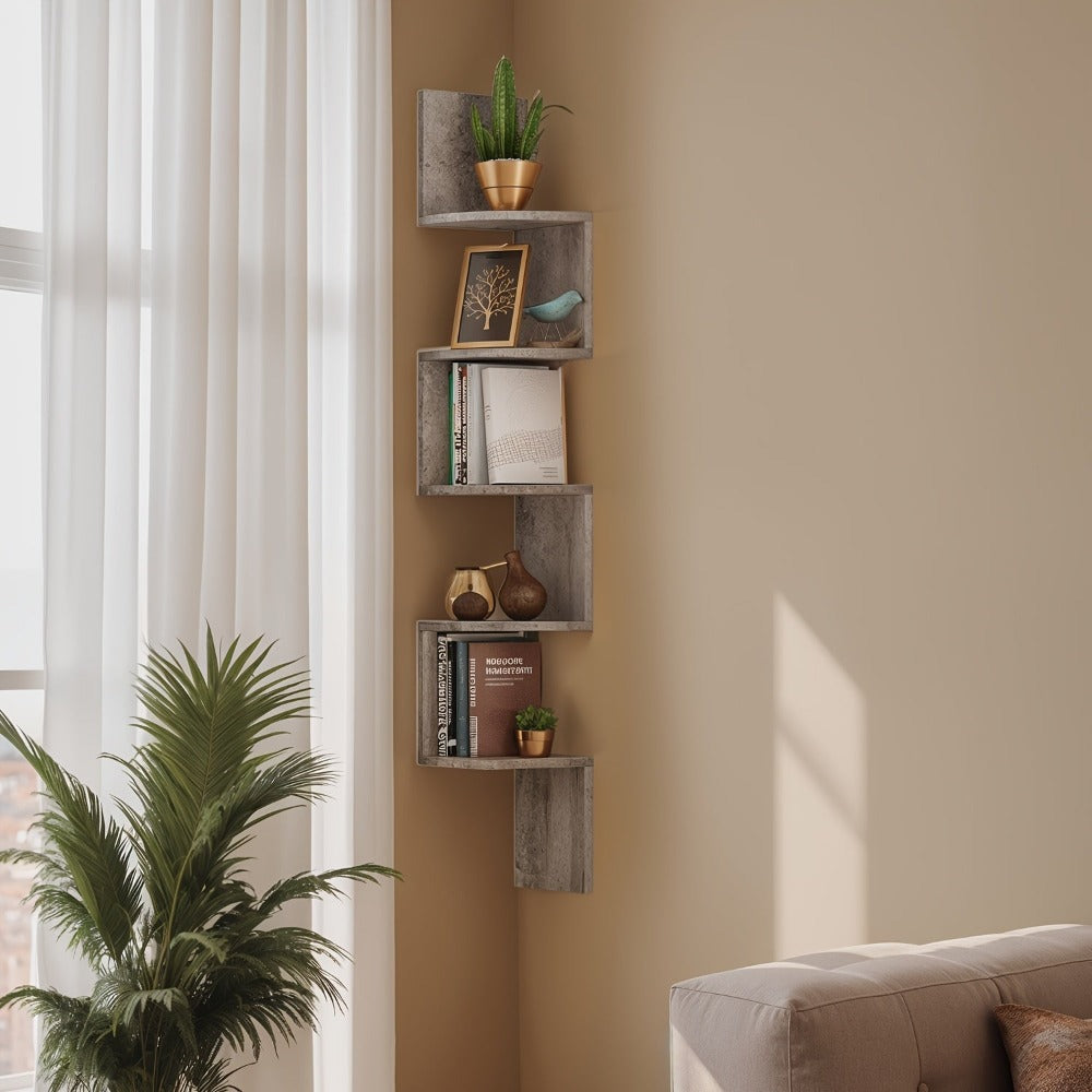 Estante esquinero de 5 niveles, estante de pared, estantería para esquinas, soporte para plantas, adecuado para dormitorio, sala de estar y baño, estantes esquineros