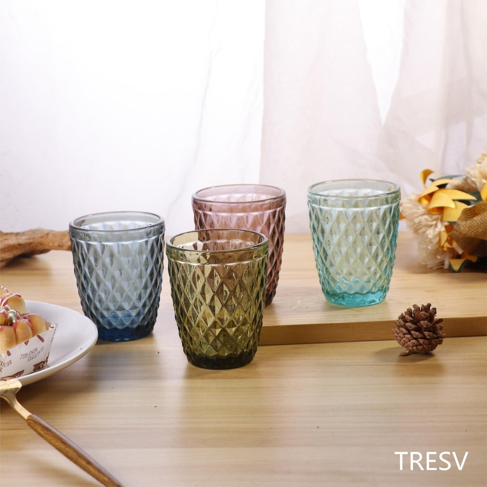 TRESV Set de 6 Vasos de Cristal 250ml | Diseño de Diamante Elegante | Aptos para Lavavajillas | Vidrio Sin Plomo para Agua y Refrescos