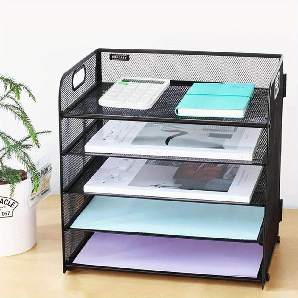 Organizador de escritorio de malla, bandeja de letras de 5 niveles, organizador de archivos apilable de malla, organizador de archivos de escritorio A4 para oficina en casa (Negro)