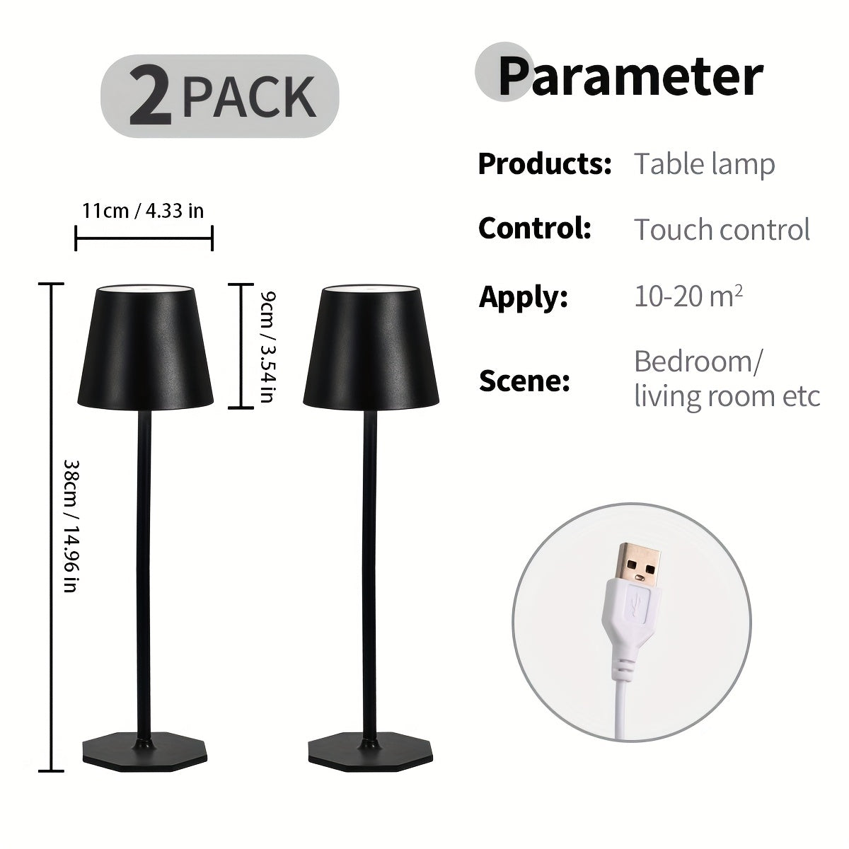 Lámpara de escritorio inalámbrica, paquete de 2, lámpara LED portátil, alimentada por interfaz USB, con función de atenuación ajustable de 3 colores, adecuada para restaurantes, dormitorios/bares, fiestas al aire libre/camping/luces nocturnas de cafetería
