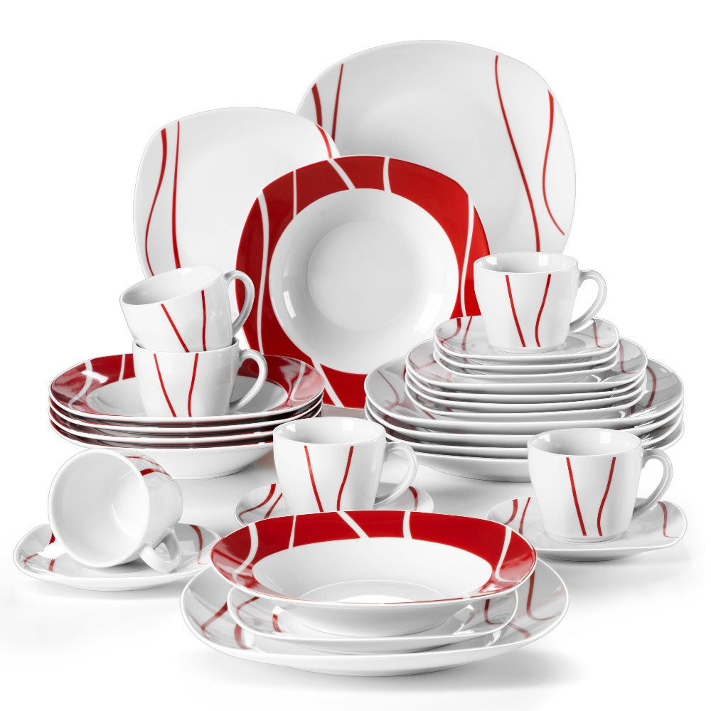 Juego de vajilla de porcelana de 18/30 piezas, servicio combinado, tazas, platillos, platos de postre, platos planos para sopa y platos llanos, servicio de café