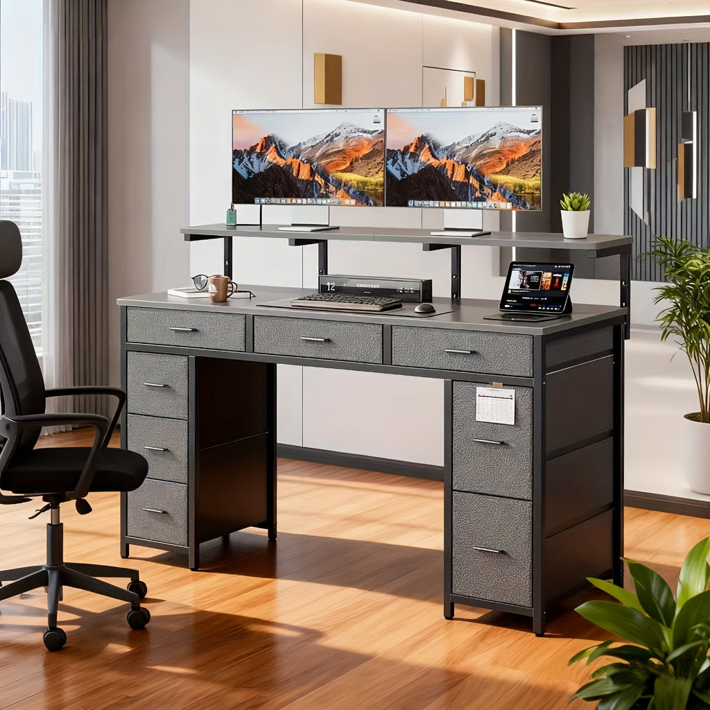 Escritorio | Escritorio con cajones anchos y 8 cajones de tela, escritorio de ordenador con toma de corriente y luz LED, escritorio de oficina en