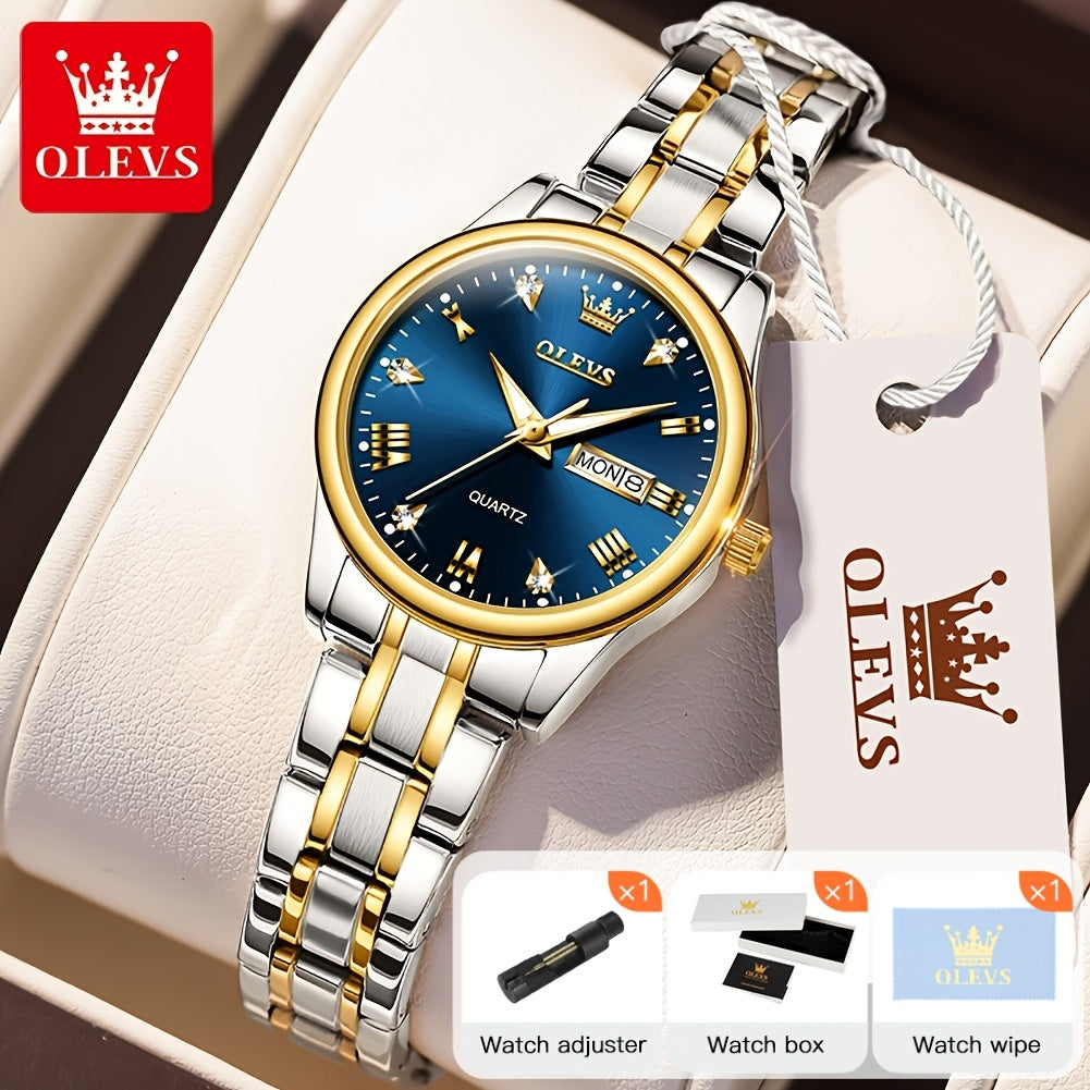 Relojes de Mujer OLEVS: Elegantes y de Moda para Negocios, Diseño Femenino para Muñecas Pequeñas, Cara Pequeña, Tono Dorado y Plateado, Correa de Acero Inoxidable, Cuarzo Analógico, Fecha y Día, Luminiscente, Esferas en /Blanco/Dorado/Azul