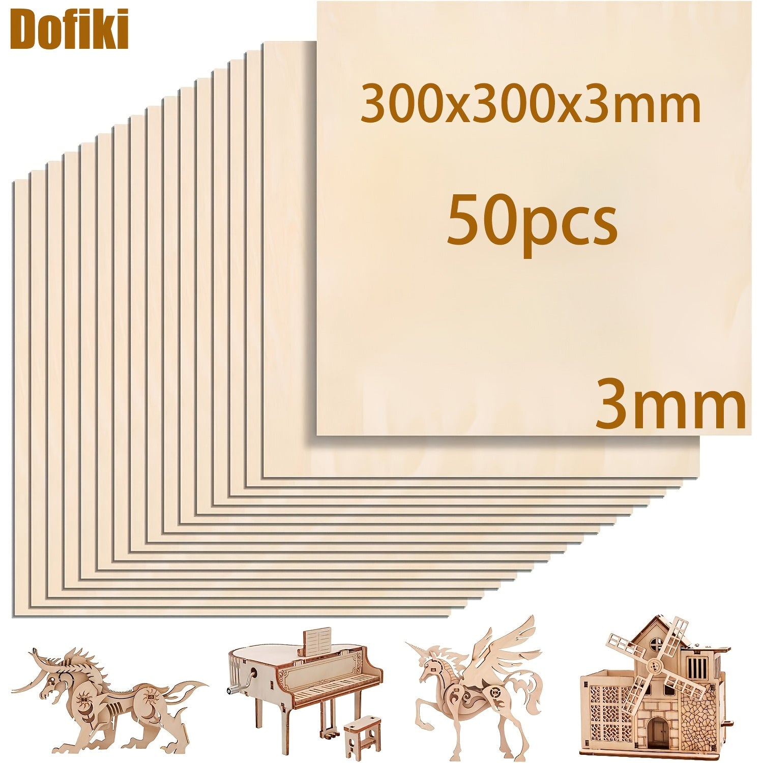 Dofiki 50/75 piezas Madera de tilo y contrachapado 300x300x3mm, lámina de madera sin acabado, adecuada para manualidades, grabado de corte láser, pirógrafo, pintura, modelismo