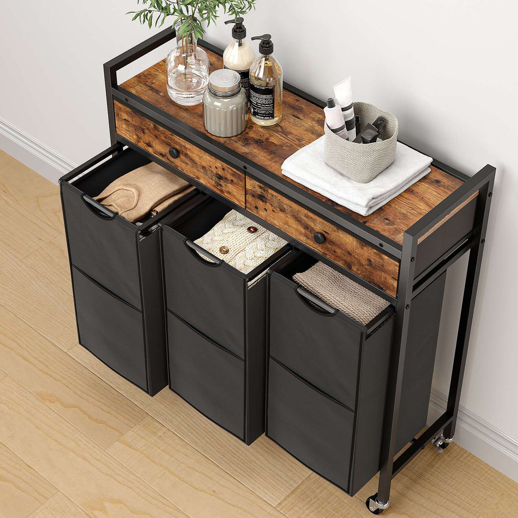 Cestero de lavandería rústico marrón y negro, 3 secciones, con 2 cajones, bolsas de lavandería extraíbles con tela Oxford, cesto de lavandería, para cuarto de lavado, cestos de lavandería