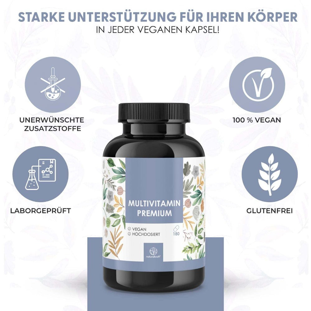 NATURALKRAFT® Multivitamínico Premium – Complejo A-Z de Alta Dosis con 180 Cápsulas Veganas, Vitaminas y Minerales Esenciales Incluyendo Vitamina C, D3, B12, Zinc, Magnesio y OPC – Probado en Laboratorio