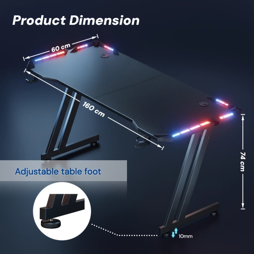 Escritorio de oficina para ordenador con LED y patas en forma de Z, escritorio gaming grande de fibra de carbono, estación de trabajo resistente para oficina en casa, escritorio para ordenador con alfombrilla para ratón, portavasos y soporte para auricula
