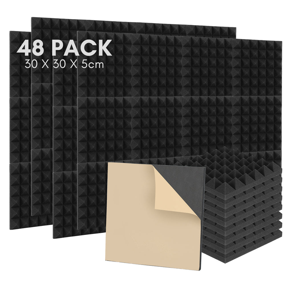 48 piezas de paneles acústicos autoadhesivos, 30X30X5 cm, pared insonorizada, insonorización para estudio de grabación, espuma acústica, paneles de espuma insonorizados para pared, negro