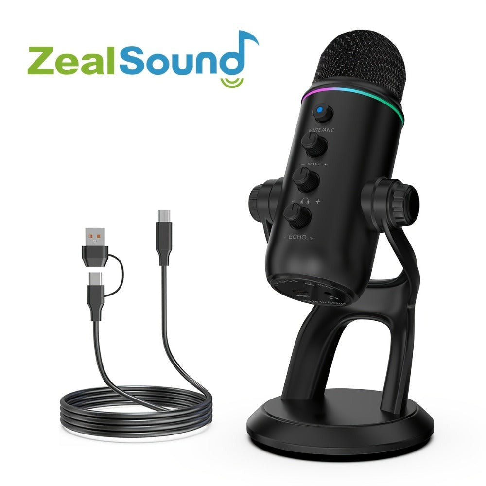 Micrófono Gaming Condensador USB Zealsound, Mic RGB Plug and Play con Reducción de Ruido, Control de Ganancia Silencio y Reverb, Jack de Monitor de 3.5 mm para PC, Teléfono, Transmisión en Vivo, Grabación de Podcast