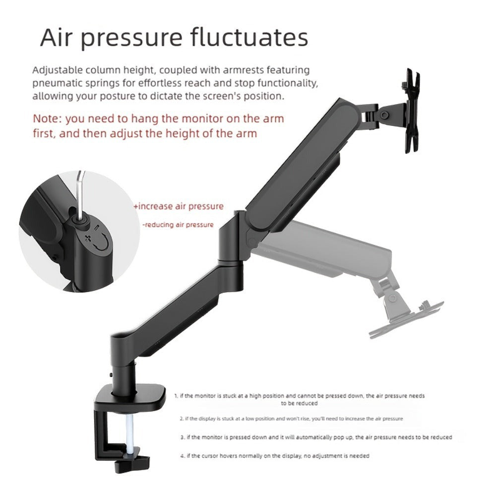 Soporte de brazo único para monitor de TV/computadora, diseño ergonómico, inclinación y rotación bidireccionales, altura ajustable, de acero, incluye 3 destornilladores portátiles.