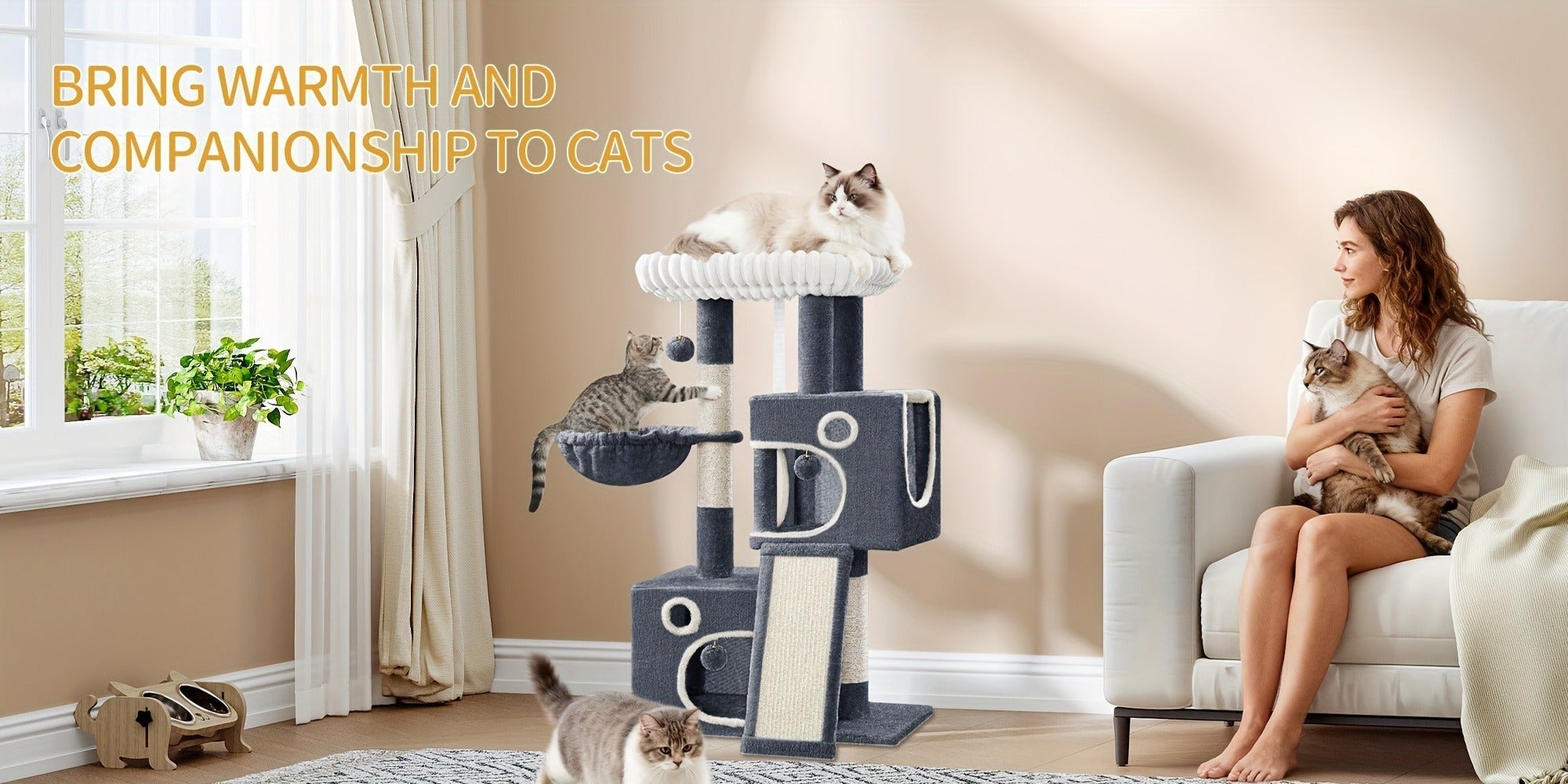 Torre para Gatos Pequeña, 98Cm de Alto, Espaciosa y Robusta, con un Perch Grande Suave, Juguetes de Felpa, Escondites, Postes para Rascar, Alfombrilla para Rascar Gatos, Disponible en Gris Claro/Gris Oscuro/Beige