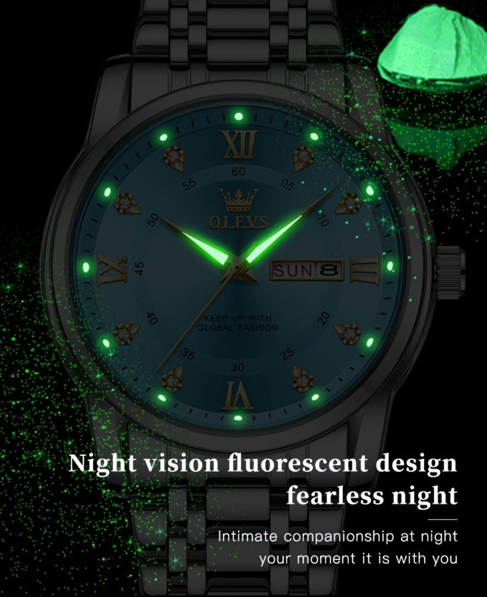 OLEVS Reloj de Lujo para Hombre, Diseño Elegante de Negocios con Diamantes de Imitación, Cuarzo Clásico de Acero Inoxidable para Hombre, Calendario Diurno Luminoso, Ideal para Regalos Románticos, Disponible en Esfera Azul/Negro/Blanco/Dorado