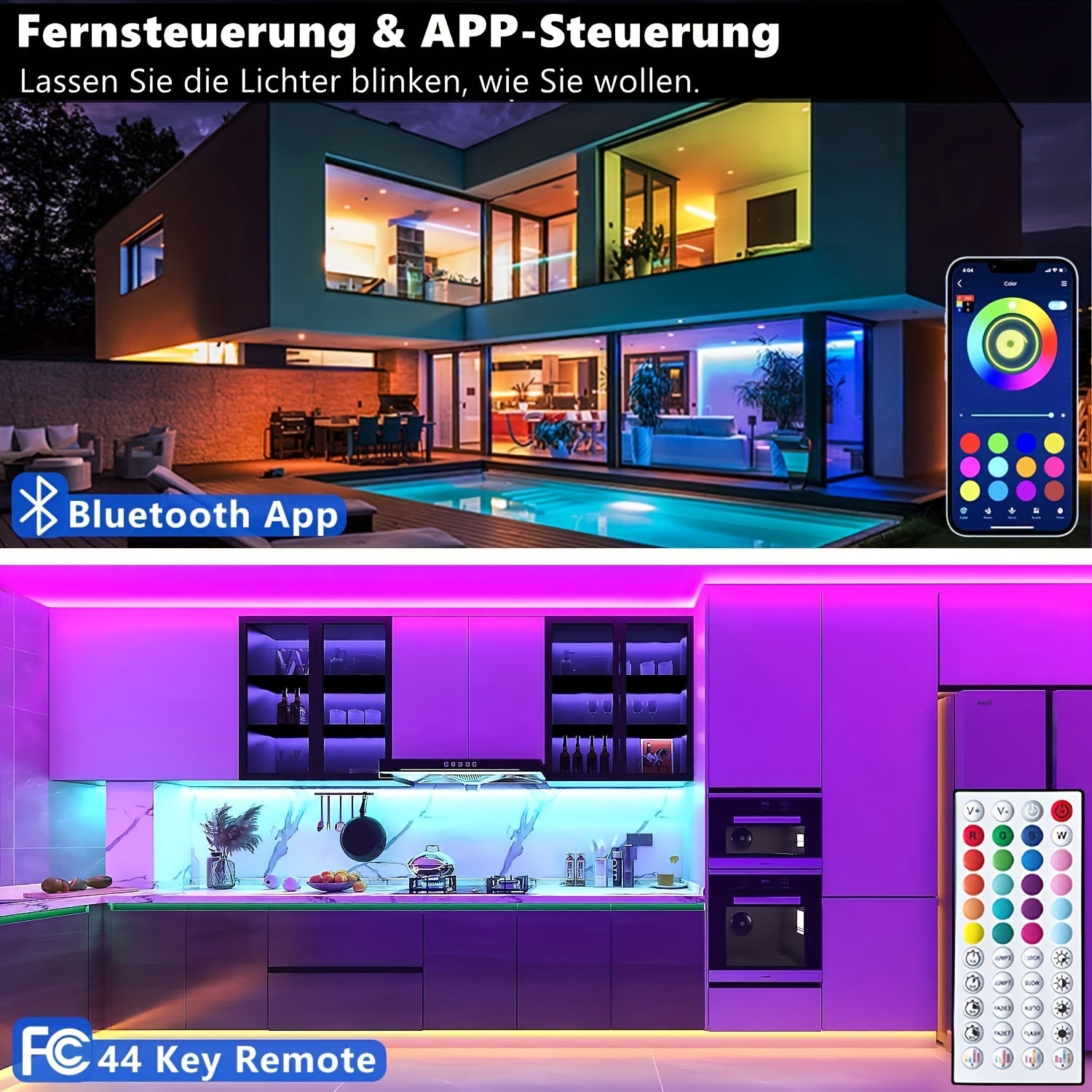 Tira LED | Tiras de luces LED inteligentes de 10M/15M/20M/30M con control remoto de 44 teclas, sincronización de música RGB y cambio de color, 20
