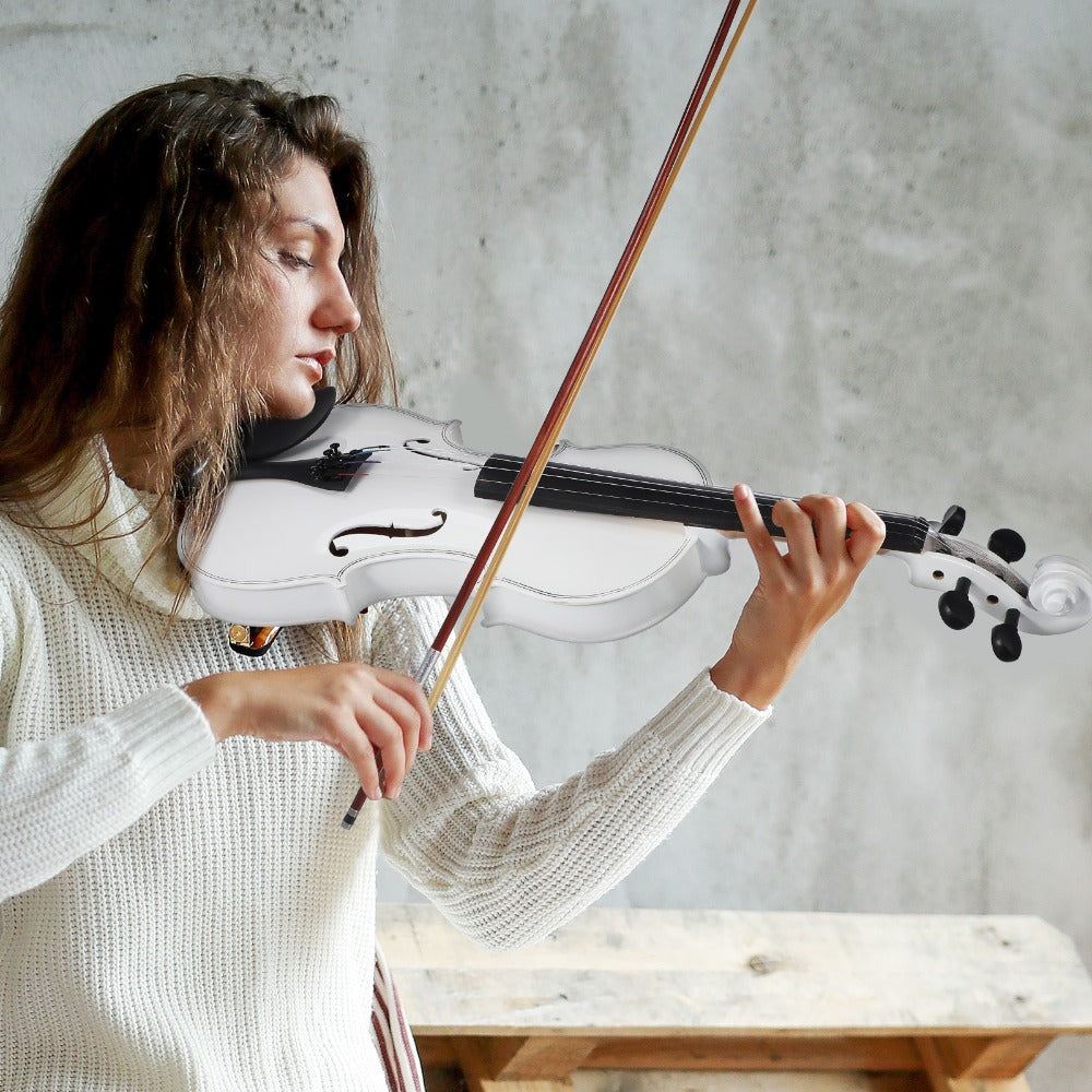 Violín de madera con arco, cuerdas, paño de limpieza y hombro - Elegante extremo blanco, incluye arco y accesorios para principiantes y profesionales, accesorios para violín, calidad profesional, diseño clásico, artesanía de alta calidad