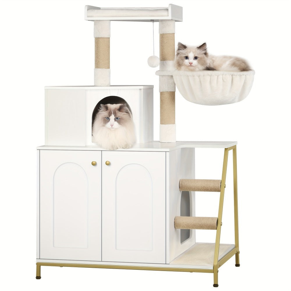 Árbol para Gatos con Armario de Letrero, Armario para Gatos, Casa Moderna 4-en-1 con Plataforma Grande, Casa para Gatos con Alfombra Rascadora de Sisal, Postes y Pompones, Cojines Lavables