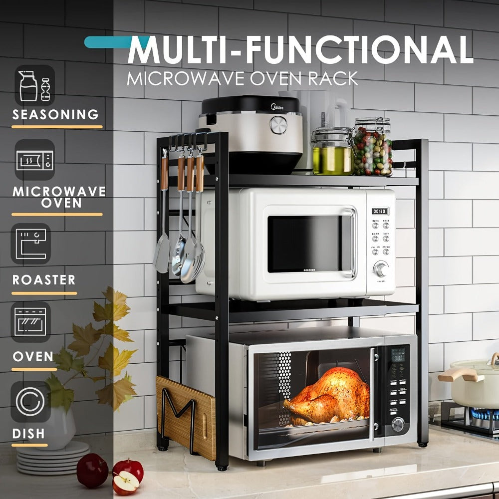 Estante Extensible para Microondas de 3 Niveles con 6 Ganchos, 3 Toallas, Porta Palillos, Porta Tablas de Cortar, Estante para Especias, Organizador de Cocina, Blanco y , Extensible de 40cm a 64cm