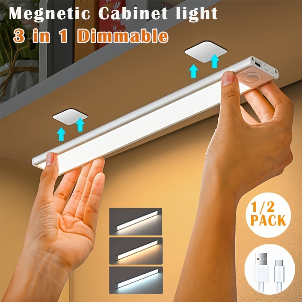 1/2 piezas Luces LED Bajo Gabinete - Carcasa Blanca, Recargable, 3 Colores Regulables, Sensor de Movimiento PIR Humano, 3 Modos de Iluminación, Adhesivo Magnético, Funciona con Batería, Iluminación Portátil de Cocina para Armarios, Encimeras y Estantes, I