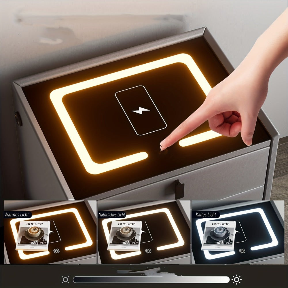 Mesita de noche inteligente gris, negra y blanca, con luz LED, 3 cajones, cómoda para sala de estar/dormitorio