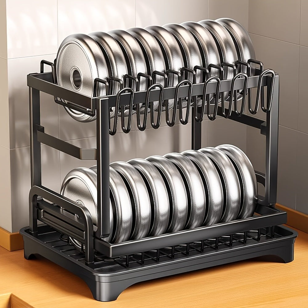 Escurridor de Platos de 2 Niveles con Bandeja de Drenaje - Escurridor de Platos Giratorio Ajustable, Soporte para Utensilios y Tazas, Organizador de Encimera de Cocina que Ahorra Espacio para un Secado Eficiente