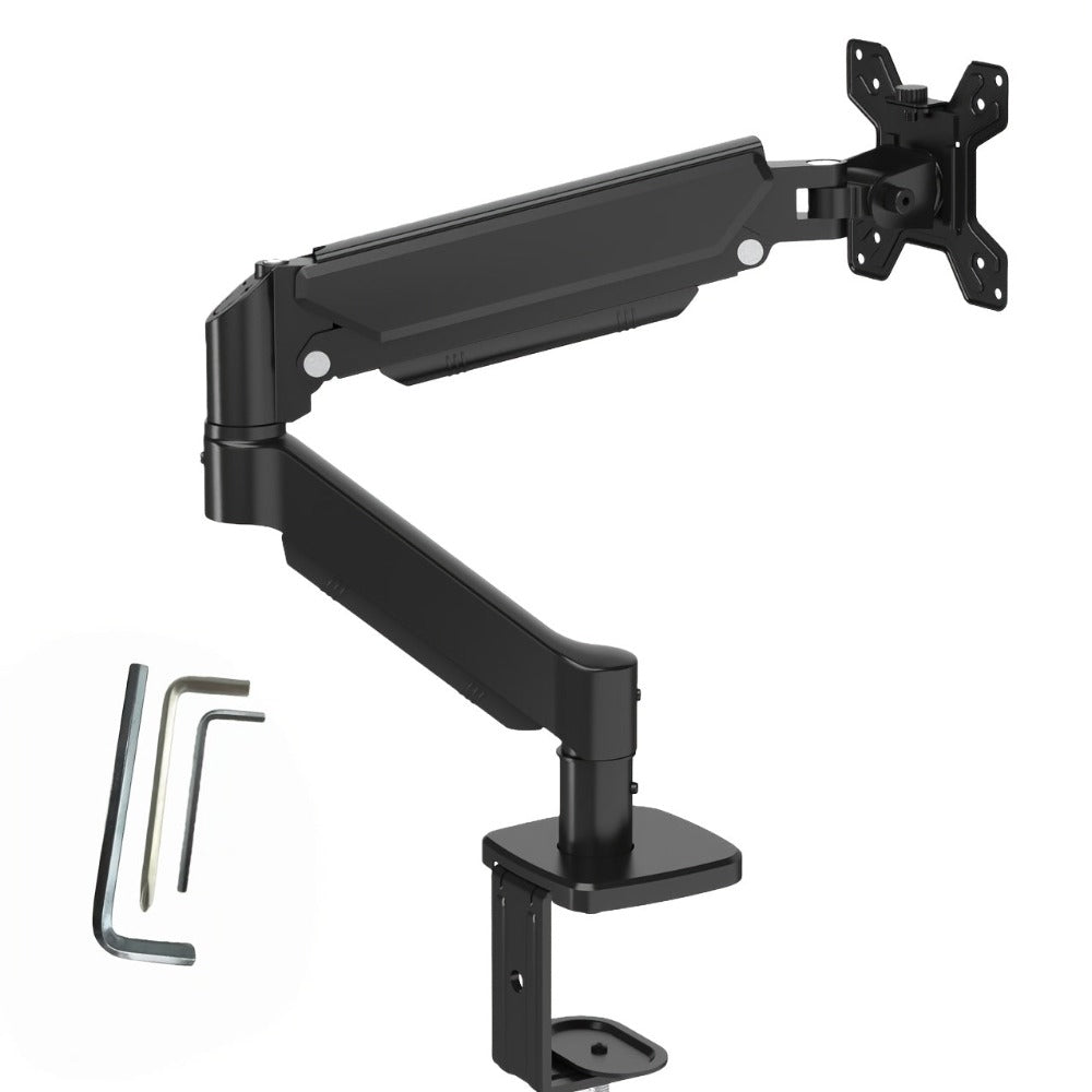 Soporte de brazo único para monitor de TV/computadora, diseño ergonómico, inclinación y rotación bidireccionales, altura ajustable, de acero, incluye 3 destornilladores portátiles.