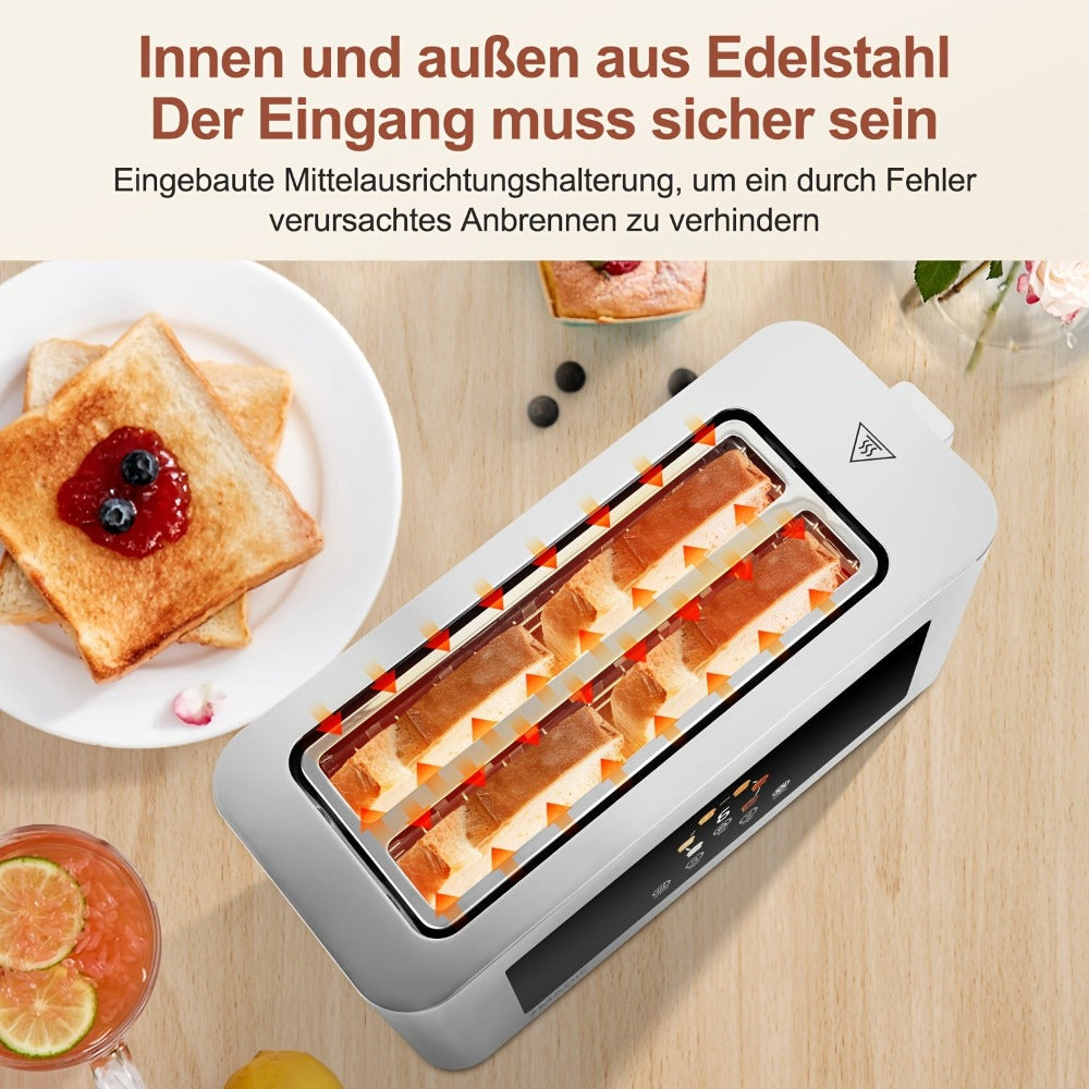 Tostadora de Pan 1400W, Tostadora de Acero Inoxidable, Pantalla Táctil LCD, 2 Ranuras Anchas para Tostadas, Tostadora de 4 Rebanadas, 7 Niveles de Marron, con Calentador de Rosquillas, Bandeja de Salpicaduras Extraíble