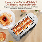 Tostadora de Pan 1400W, Tostadora de Acero Inoxidable, Pantalla Táctil LCD, 2 Ranuras Anchas para Tostadas, Tostadora de 4 Rebanadas, 7 Niveles de Marron, con Calentador de Rosquillas, Bandeja de Salpicaduras Extraíble