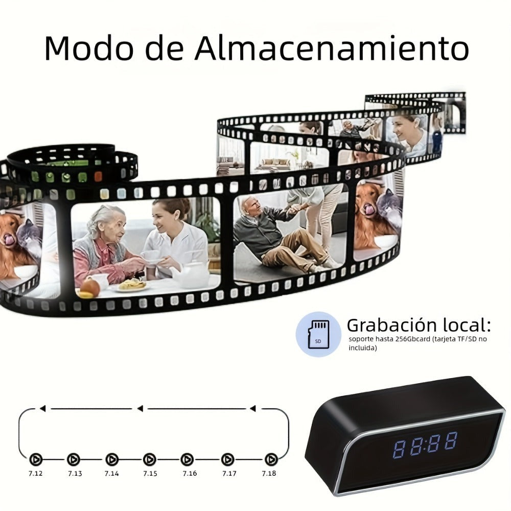Cámara de reloj HD 1080P con gran angular de 110 grados y visión nocturna, grabación en bucle y funciones de alarma avanzadas. Cámara de reloj de escritorio WIFI6 con control por aplicación. Adecuada para monitoreo de seguridad interior en hogares, interi