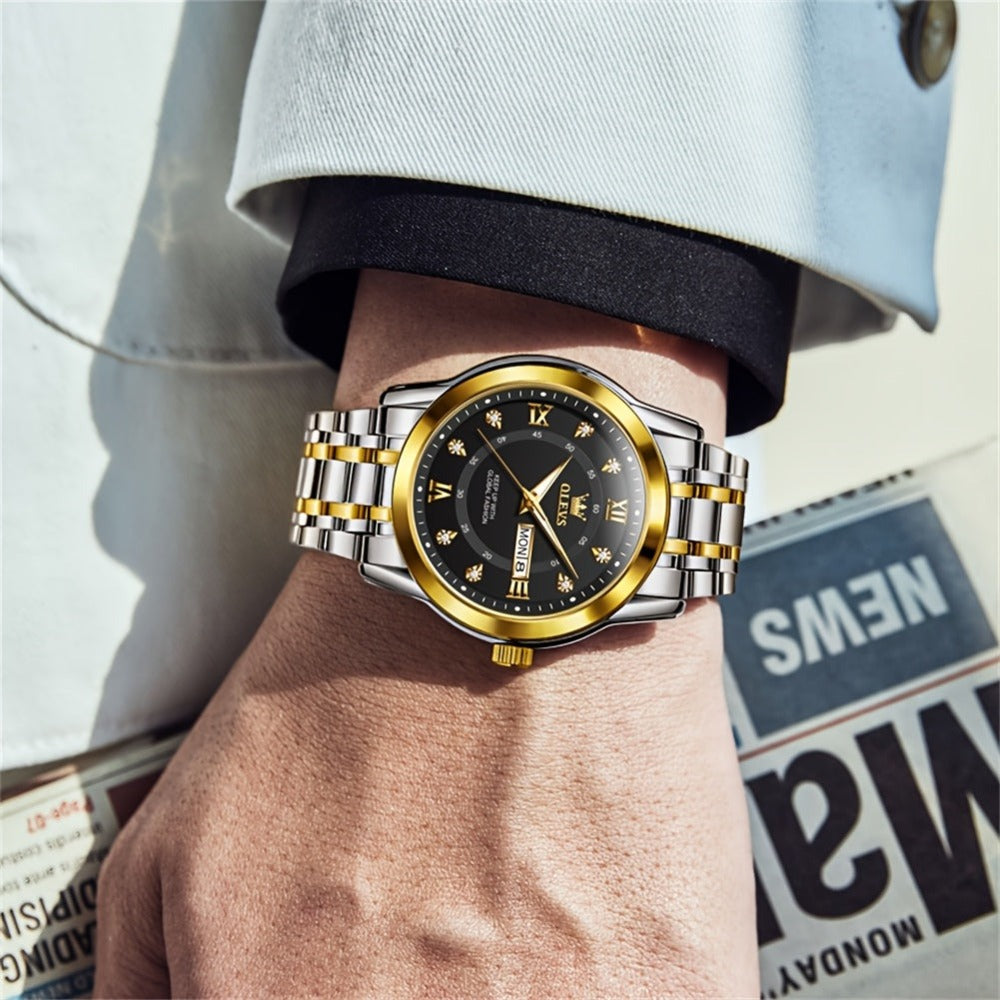 OLEVS Reloj de Lujo para Hombre, Diseño Elegante de Negocios con Diamantes de Imitación, Cuarzo Clásico de Acero Inoxidable para Hombre, Calendario Diurno Luminoso, Ideal para Regalos Románticos, Disponible en Esfera Azul/Negro/Blanco/Dorado