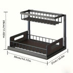 1 estante ajustable para debajo del fregadero, un estante extraíble de metal diseñado para ahorrar espacio con un organizador de doble capa para gabinetes de cocina, perfecto para organizar y despejar tu área de fregadero. Este estante de cocina moderno c