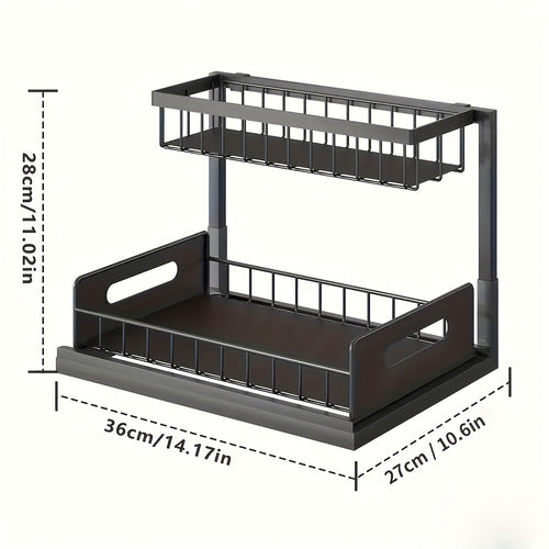 1 estante ajustable para debajo del fregadero, un estante extraíble de metal diseñado para ahorrar espacio con un organizador de doble capa para gabinetes de cocina, perfecto para organizar y despejar tu área de fregadero. Este estante de cocina moderno c