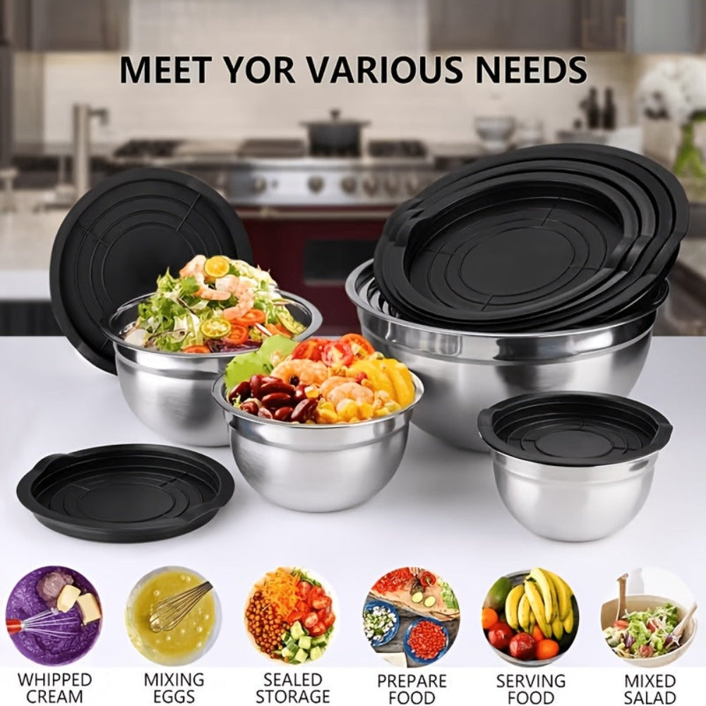 Juego de 7 piezas de ensaladeras prémium de acero inoxidable con tapas, juego de ensaladeras apilables, cuencos duraderos y gruesos, aptos para ensaladas, aptos para lavavajillas y microondas, ideal para Navidad, Hanukkah, Pascua, Acción de Gracias, almac